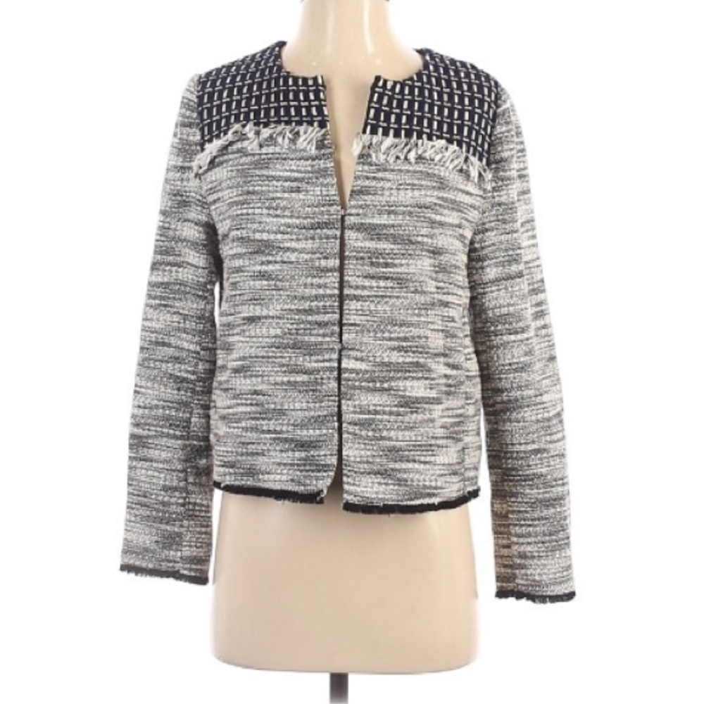 chicos blue and white nubby knit tweed fringe swing blazer size 4